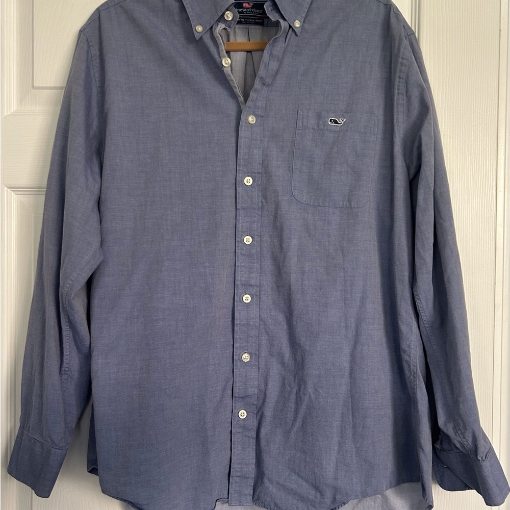Blue Gray Casual Button Down Shirt with Traditional Collar